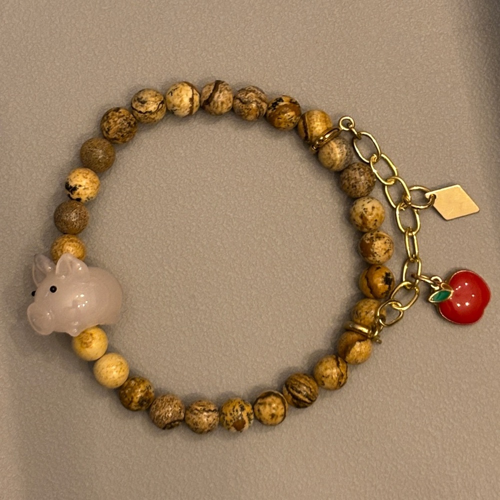 Picture Jasper Beaded Bracelet with Pig Charm and Red Apple Accent Chain